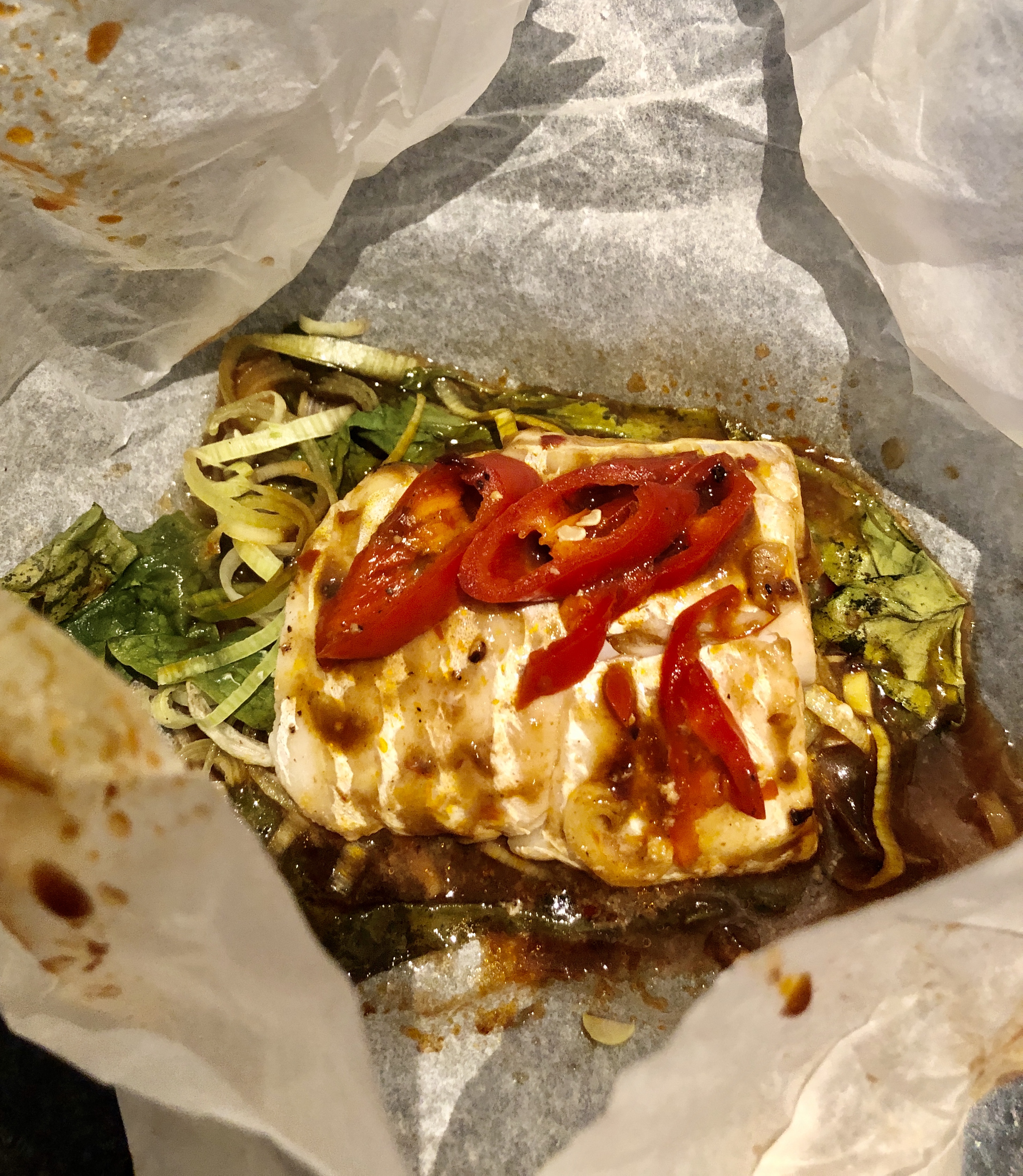 Cod Filet Asian Poached Cod fillet Asian Sauce, in Parchment Parcel